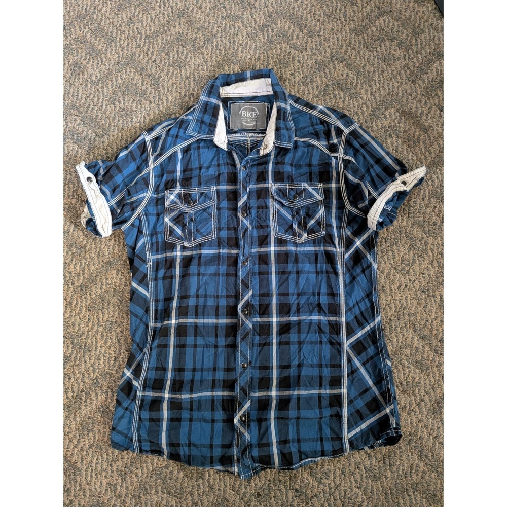 BKE Mens Short Sleeve Plaid Button Down Shirt Blue Black Contrast Stitch XL